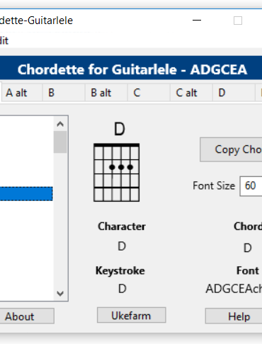 Chordette for Guitalele chords screenshot - available with Guitalele chord fonts for Mac and Windows.