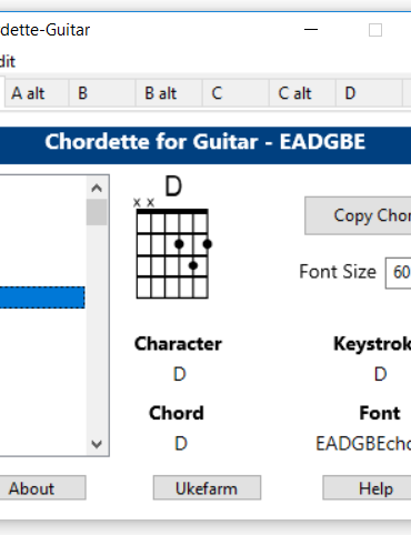 Chordette for Guitar chords screenshot - available with Guitar chord fonts for Mac and Windows.