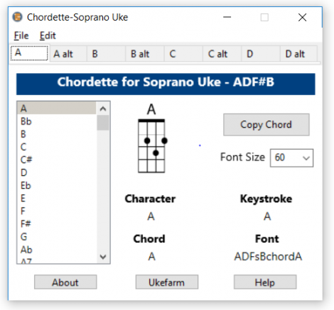 Chordette for Soprano Uke chords screenshot - available with Soprano Ukulele chord fonts for Mac and Windows.