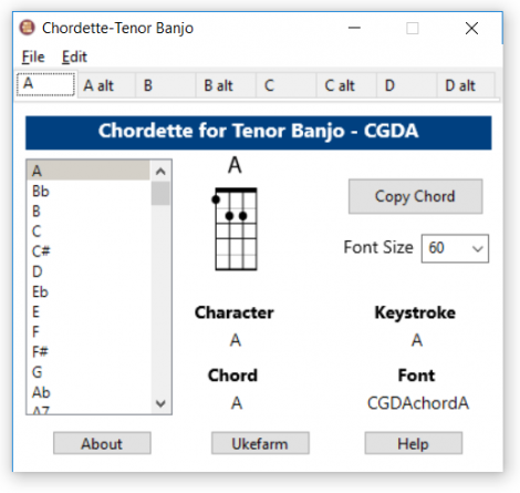 Chordette for Tenor Banjo chords screenshot - available with Tenor Banjo chord fonts for Mac and Windows.